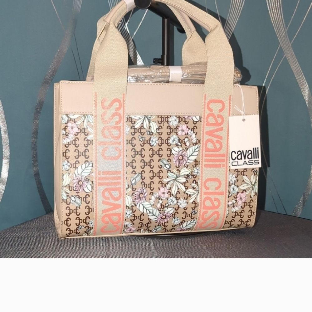 Cavalli Class Beige Floral Tote Bag